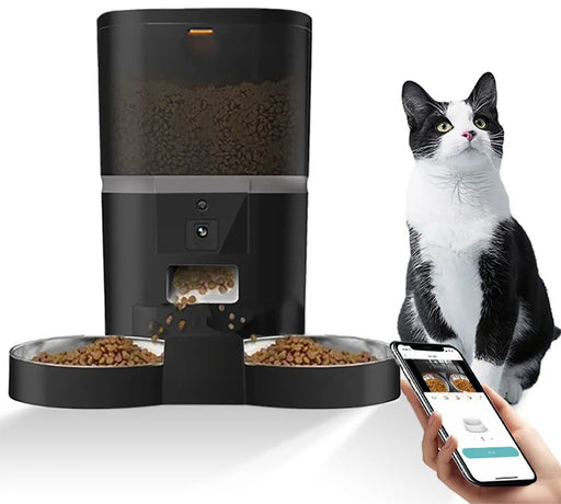 4L Automatic Pet Dry Food Dispenser With HD Camera for Two Pets with Splitter & 2 Stainless Bowls, 10s Meal Call and Timer Setting 50 Portions 6 Meals Per Day for Cat and Dog