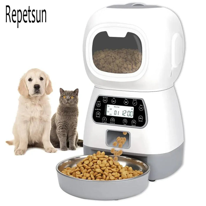 Repetsun Automatic Cat Feeder 3.5L Pet Feeder Dog Food Dispenser for Cats and Dogs with Stainless Steel Food Bowl, Visible Window and Memory Function,10 Voice Recorder,4 Meal Portion Control