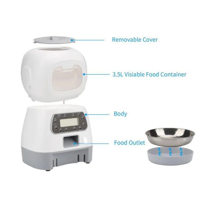 Repetsun Automatic Cat Feeder 3.5L Pet Feeder Dog Food Dispenser for Cats and Dogs with Stainless Steel Food Bowl, Visible Window and Memory Function,10 Voice Recorder,4 Meal Portion Control
