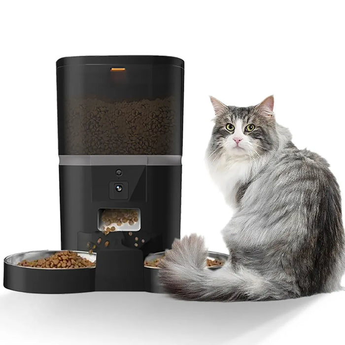 4L Automatic Pet Dry Food Dispenser With HD Camera for Two Pets with Splitter & 2 Stainless Bowls, 10s Meal Call and Timer Setting 50 Portions 6 Meals Per Day for Cat and Dog