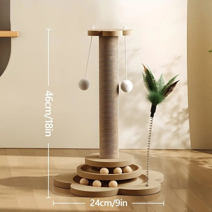 Indoor Cat Condo with Woven Rope Feather Spring Lure Entertainment Ball Featuring a Sharp-Claw Scratching Post