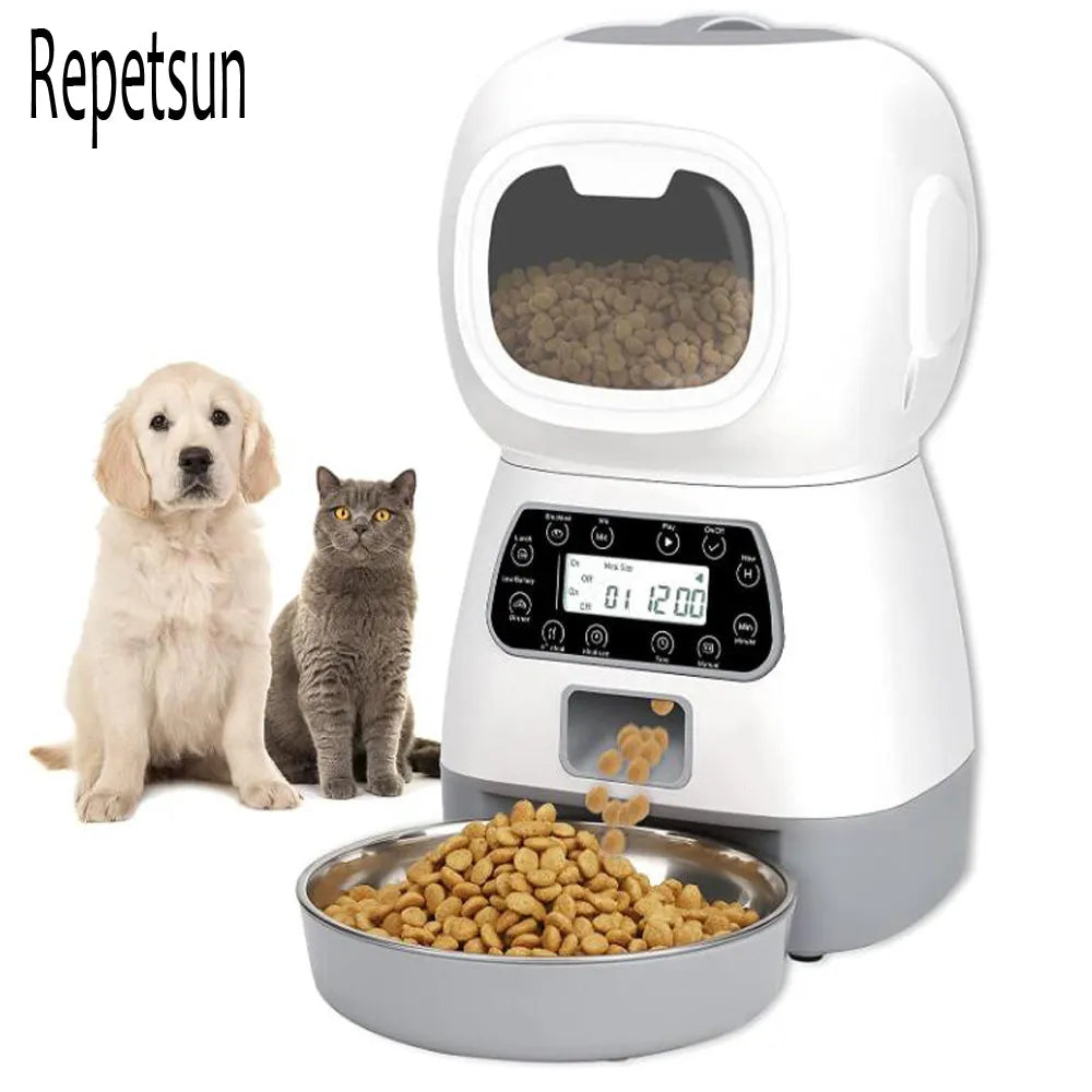 Repetsun Automatic Cat Feeder 3.5L Pet Feeder Dog Food Dispenser for Cats and Dogs with Stainless Steel Food Bowl, Visible Window and Memory Function,10 Voice Recorder,4 Meal Portion Control