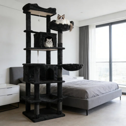 [Low stock] Cat Tree Indoor Cat Play Sleep Rest Modern Stylish High Grade Particle Board Cozy Hammock Roomy Condo Interactive Toy 68in Tall