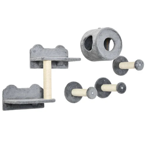 5pcs Brown FCJ Cat Wall-mounted Climbing Shelf Set Kitten Activity Center with Condo Cushion Scratching Post Jumping Platform