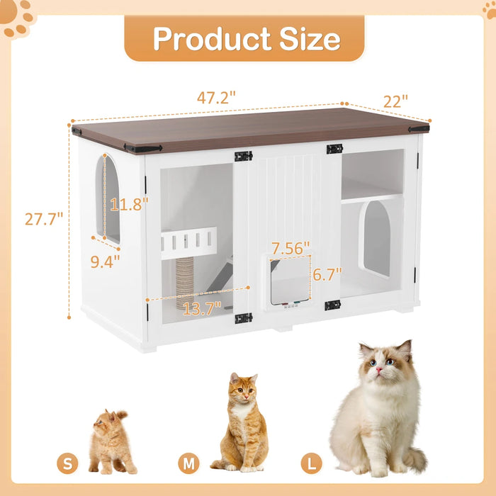47.25" Large Cat Litter Box Enclosure with LED Light, Hidden Litter Box Furniture, Cat House with Stairs and Cat Scratching Post