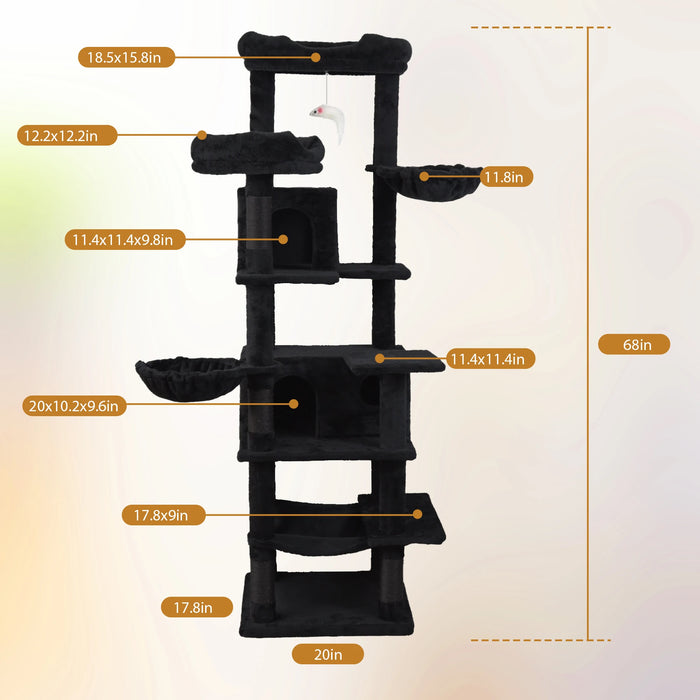 Cat Tree Indoor Cat Play Sleep Rest Modern Stylish High Grade Particle Board Cozy Hammock Roomy Condo Interactive Toy 68in Tall