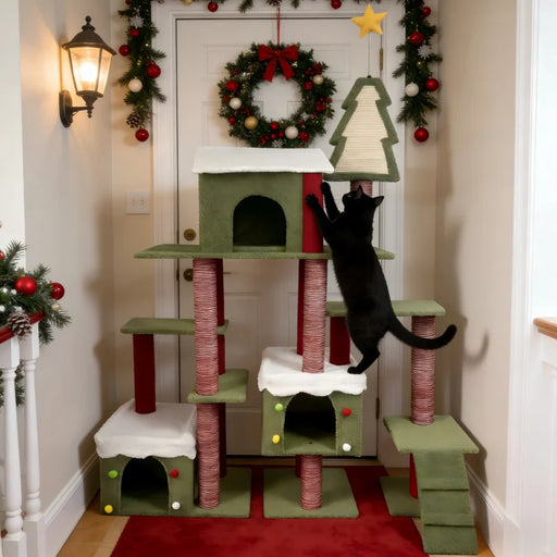 Cat Tree Indoor Cat Play Sleep Rest Large Christmas Roomy Condo Scratching Post Multi Level Particle Board Carton Packaging US
