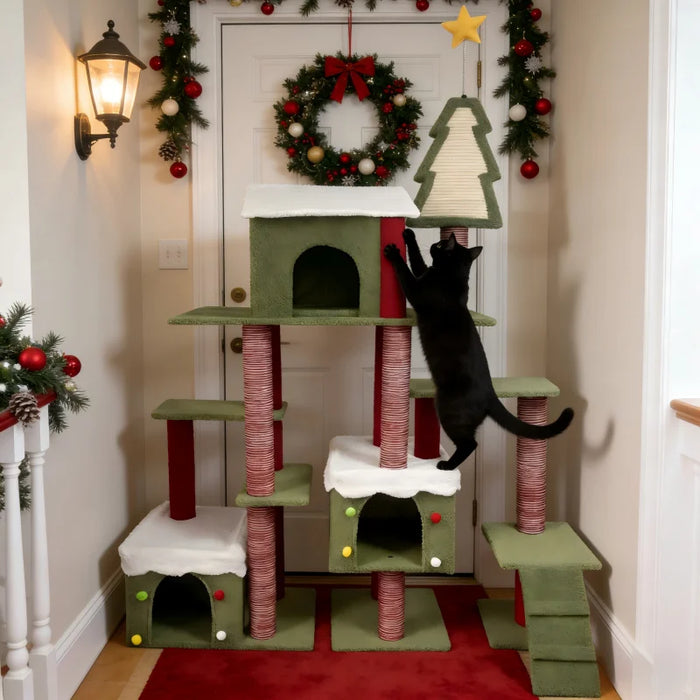 Cat Tree Indoor Cat Play Sleep Rest Large Christmas Roomy Condo Scratching Post Multi Level Particle Board Carton Packaging US
