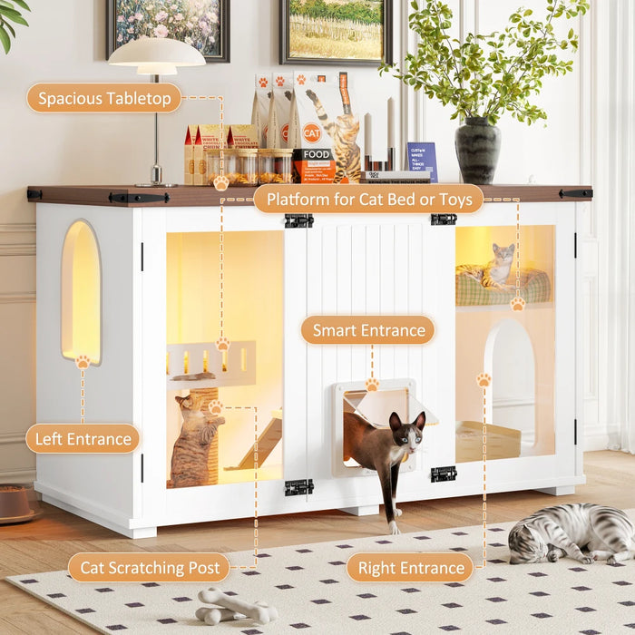 47.25" Large Cat Litter Box Enclosure with LED Light, Hidden Litter Box Furniture, Cat House with Stairs and Cat Scratching Post