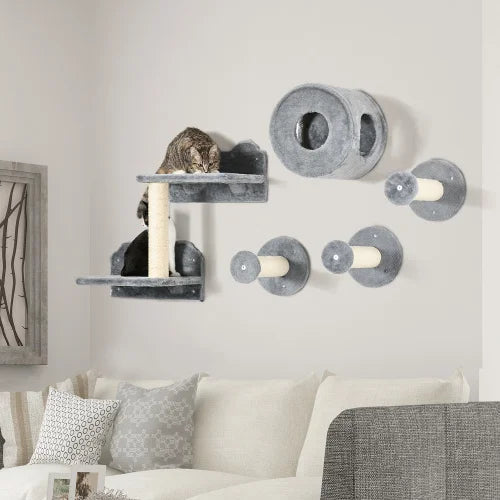5pcs Brown FCJ Cat Wall-mounted Climbing Shelf Set Kitten Activity Center with Condo Cushion Scratching Post Jumping Platform
