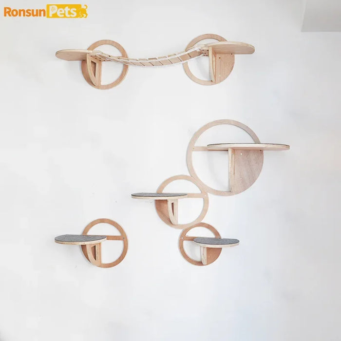 Cat Wall Climbing Set Things for Cats Toys Wood Cat Trees & Climbing Towers Pet Products Cat Hiding House Kitten Accessories