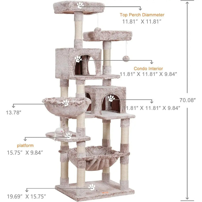 70 Tall Cat Tower with Plush Perch, Hammock, and Sisal Posts for Large Cats
