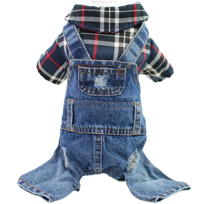 SKS PET Denim Plaid Jumpsuit with Hoodie