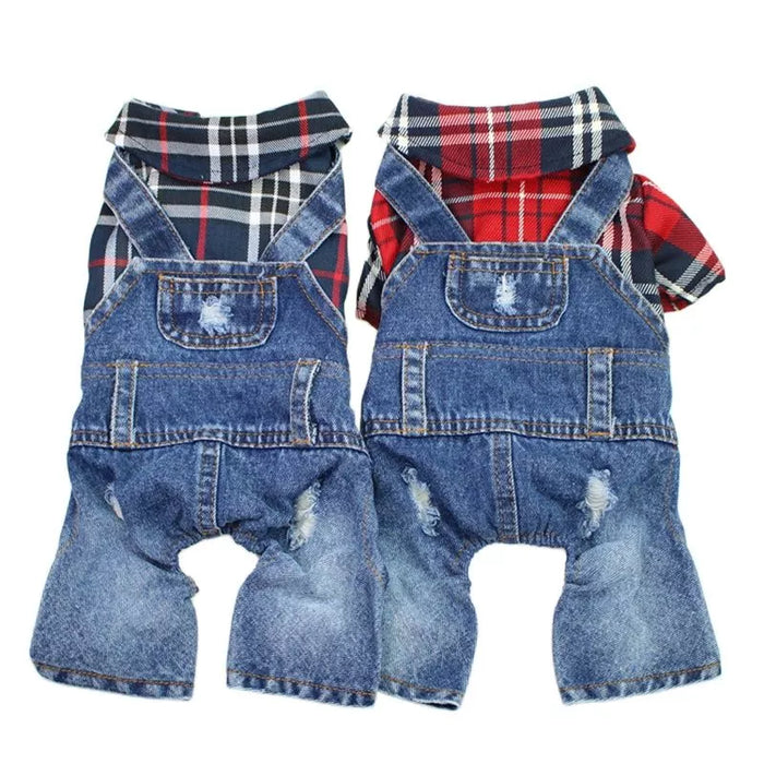 SKS PET Denim Plaid Jumpsuit with Hoodie