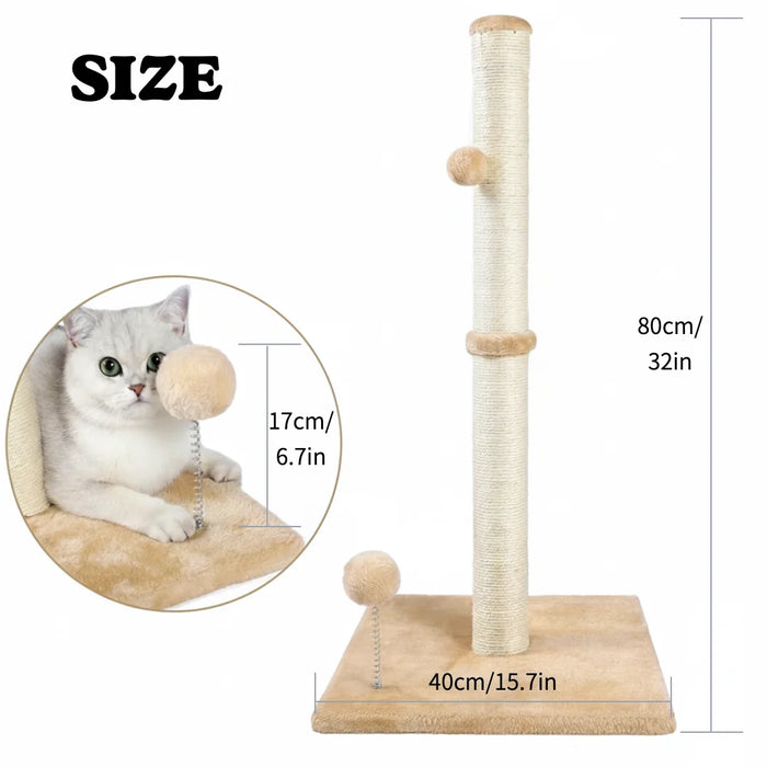 32" Tall Cat Scratching Posts For Indoor Cats Adults With 2 Toy Balls, 1 Dummy Mouse, Large Cat Scratch Post Includes Sisal Rope
