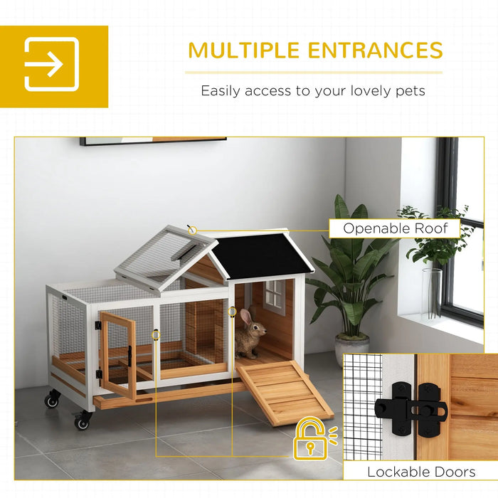 Wooden Rabbit Hutch With Wheels Slide Out Tray For Small Animals Outdoor Use