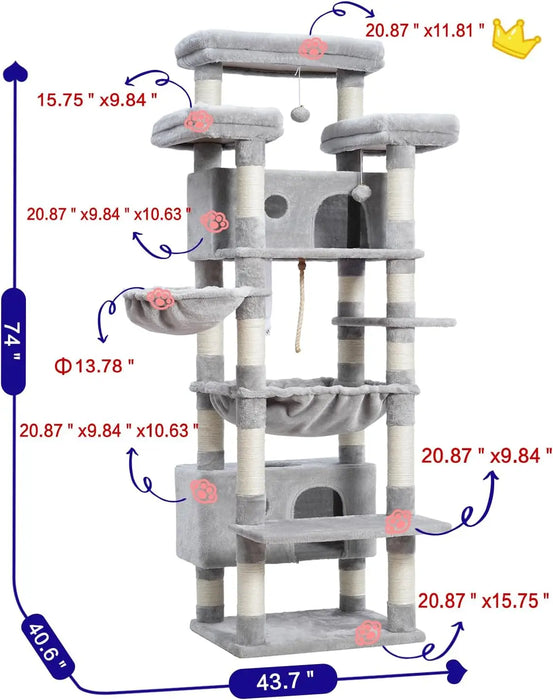 Large 74" Cat Tree with 3 Platforms, 2 Baskets, Condos, Scratching Posts for Indoor Cats