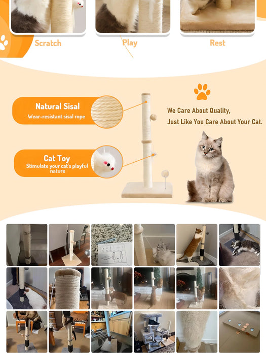 32" Tall Cat Scratching Posts For Indoor Cats Adults With 2 Toy Balls, 1 Dummy Mouse, Large Cat Scratch Post Includes Sisal Rope