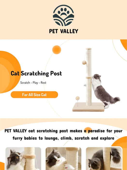 32" Tall Cat Scratching Posts For Indoor Cats Adults With 2 Toy Balls, 1 Dummy Mouse, Large Cat Scratch Post Includes Sisal Rope