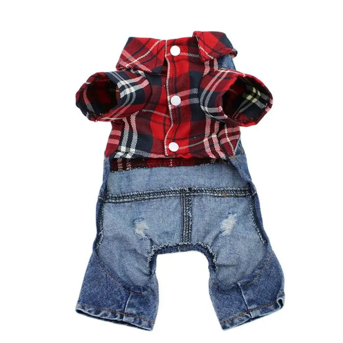 SKS PET Denim Plaid Jumpsuit with Hoodie