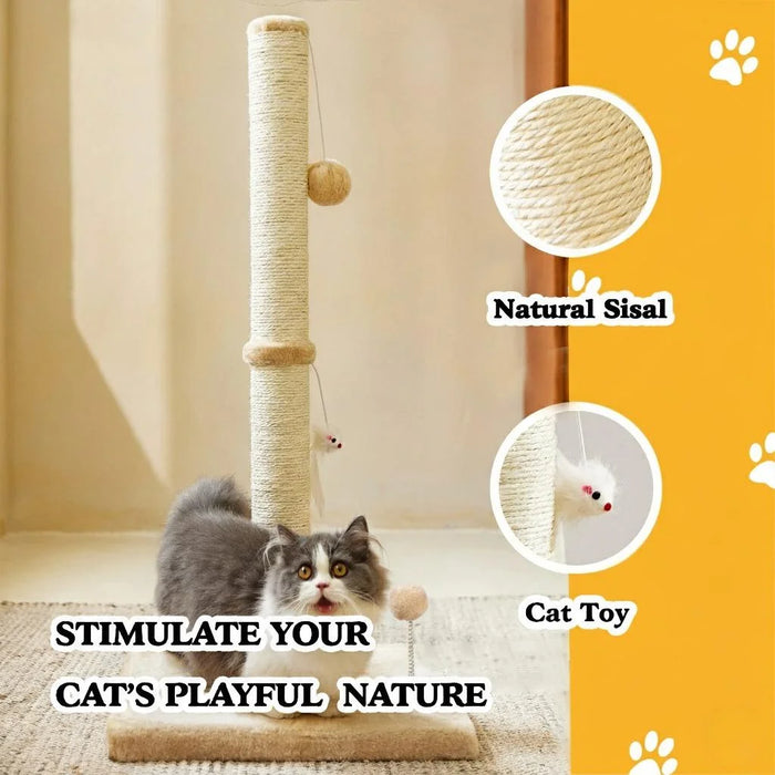 32" Tall Cat Scratching Posts For Indoor Cats Adults With 2 Toy Balls, 1 Dummy Mouse, Large Cat Scratch Post Includes Sisal Rope