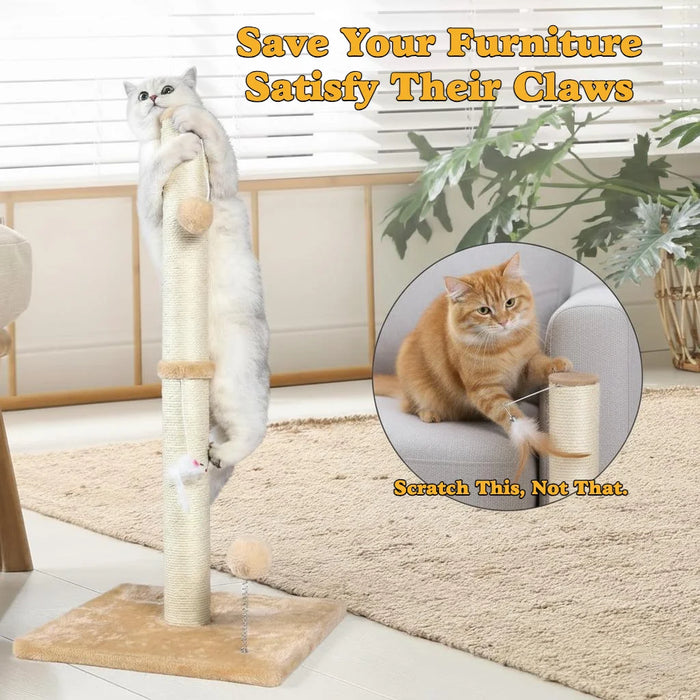 32" Tall Cat Scratching Posts For Indoor Cats Adults With 2 Toy Balls, 1 Dummy Mouse, Large Cat Scratch Post Includes Sisal Rope