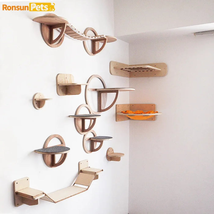Cat Wall Climbing Set Things for Cats Toys Wood Cat Trees & Climbing Towers Pet Products Cat Hiding House Kitten Accessories