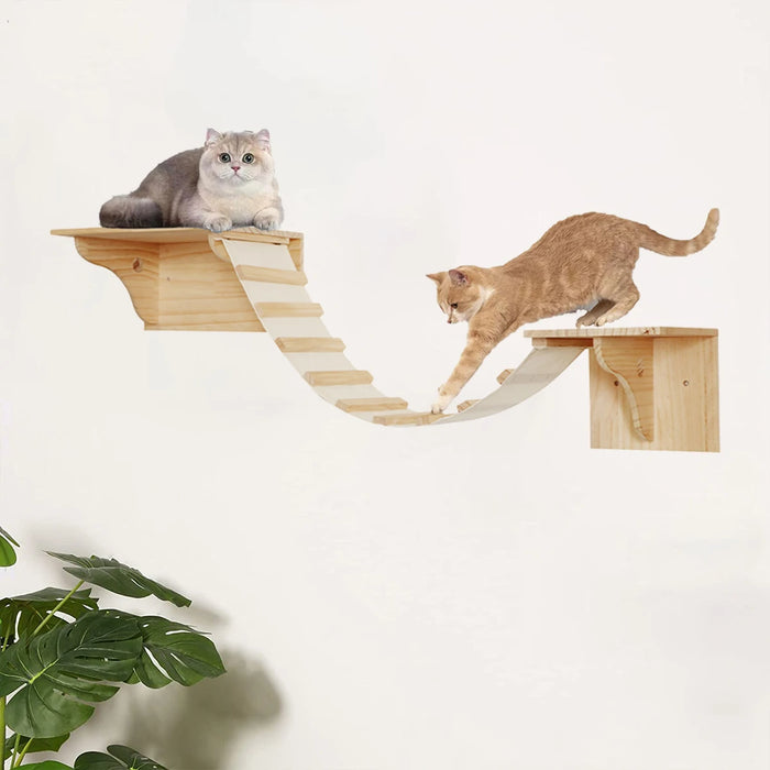 Cat Wall Climbing Shelves Wall-Mounted Furniture Set 2 Shelves with 1 Bridge Ladder for Indoor Cats Tree Tower Bed Accessories